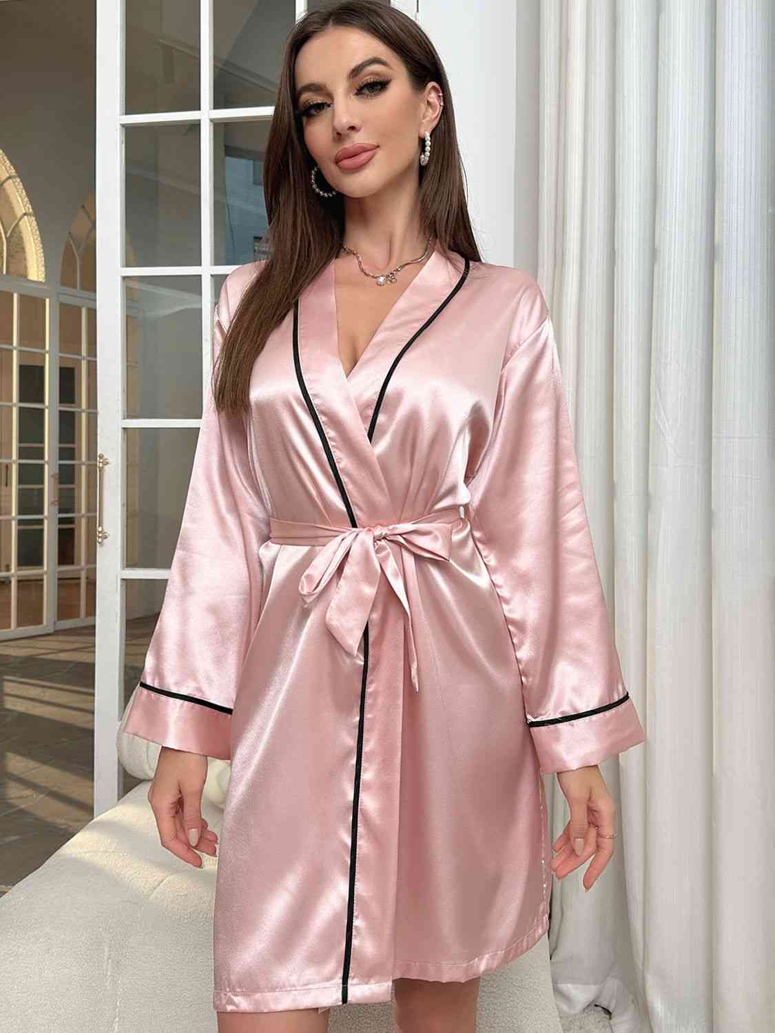 Tie Waist Surplice Neck Robe Trendsi