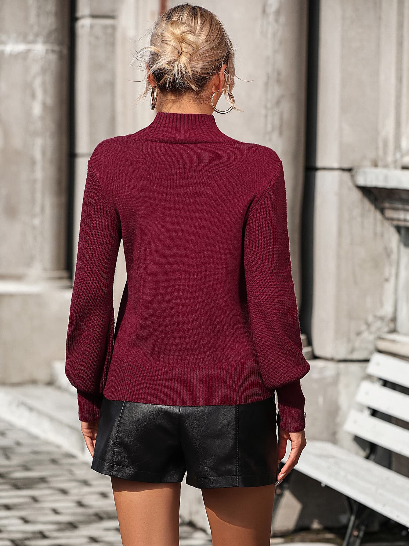 Mock Neck Ribbed Lantern Sleeve Pullover Sweater Trendsi