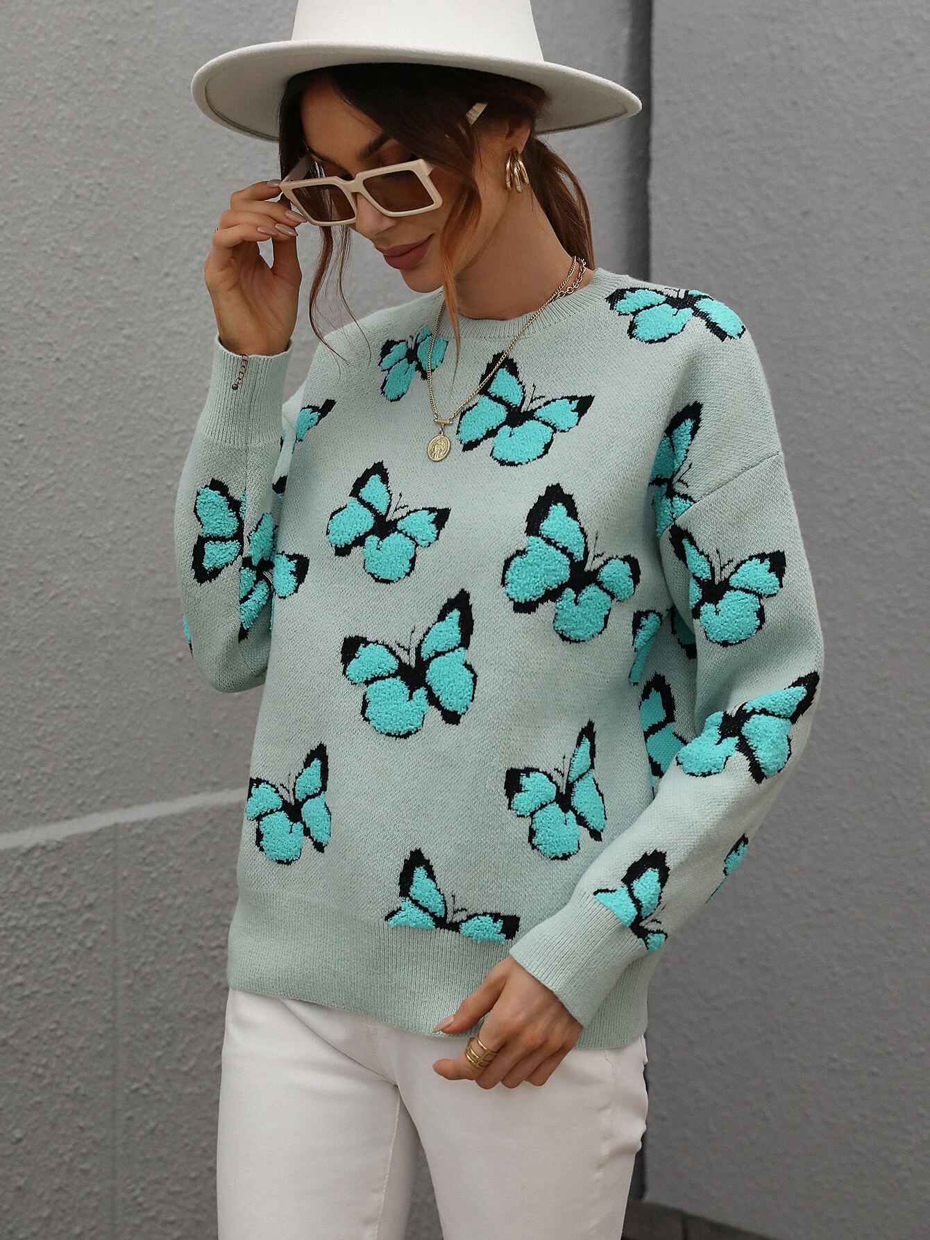 Woven Right Butterfly Dropped Shoulder Crewneck Sweater Trendsi