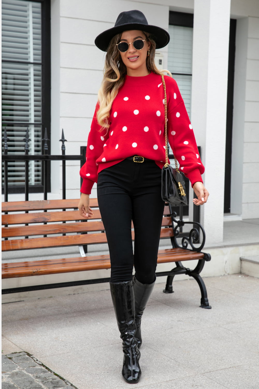 Woven Right Polka Dot Round Neck Dropped Shoulder Sweater Trendsi