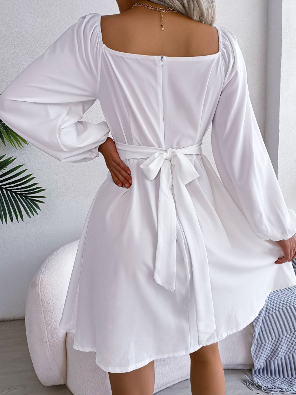 Tied Square Neck Balloon Sleeve Dress Trendsi