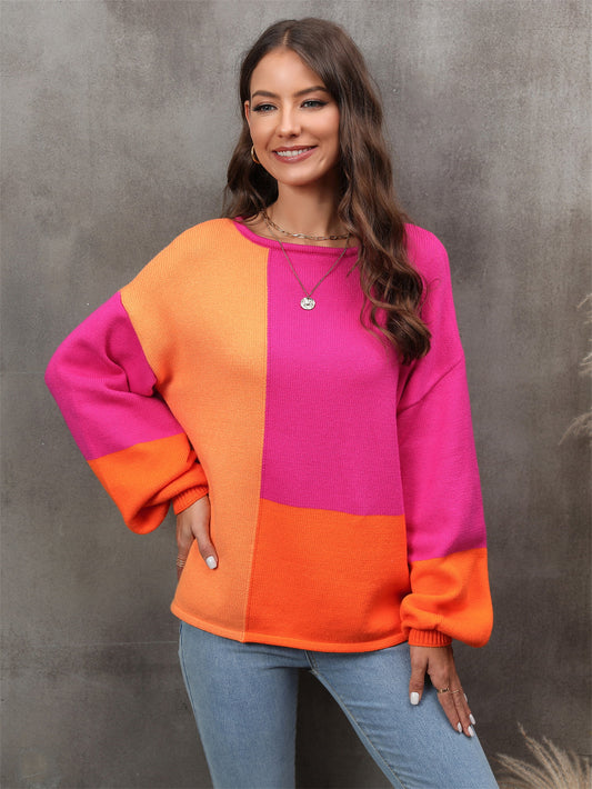 Color Block Round Neck Dropped Shoulder Sweater Trendsi