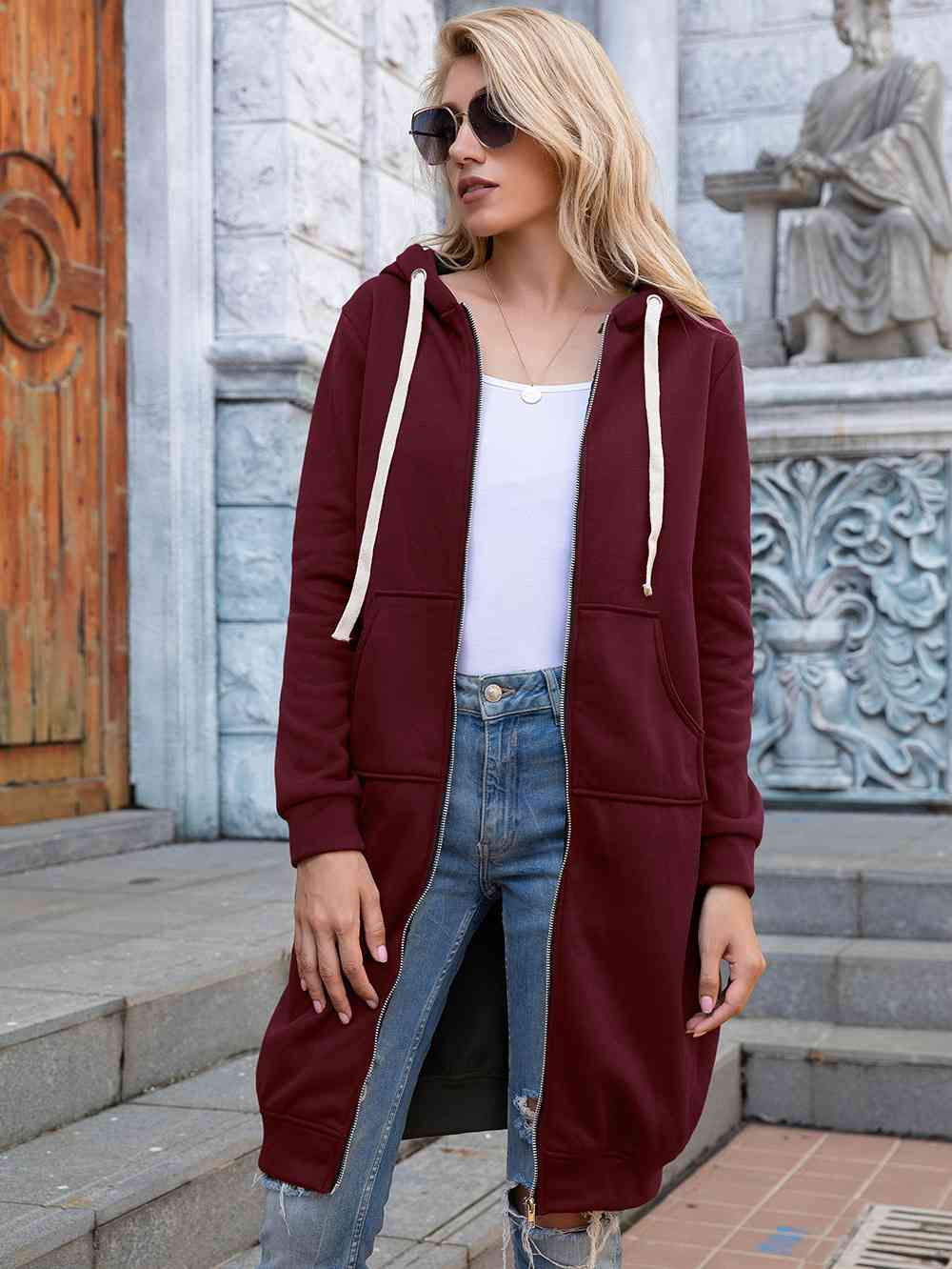 Full Size Zip-Up Longline Hoodie with Pockets Trendsi