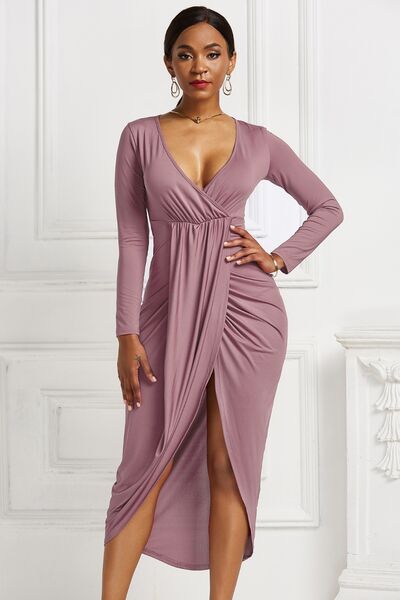 High-low Ruched Surplice Long Sleeve Dress Trendsi