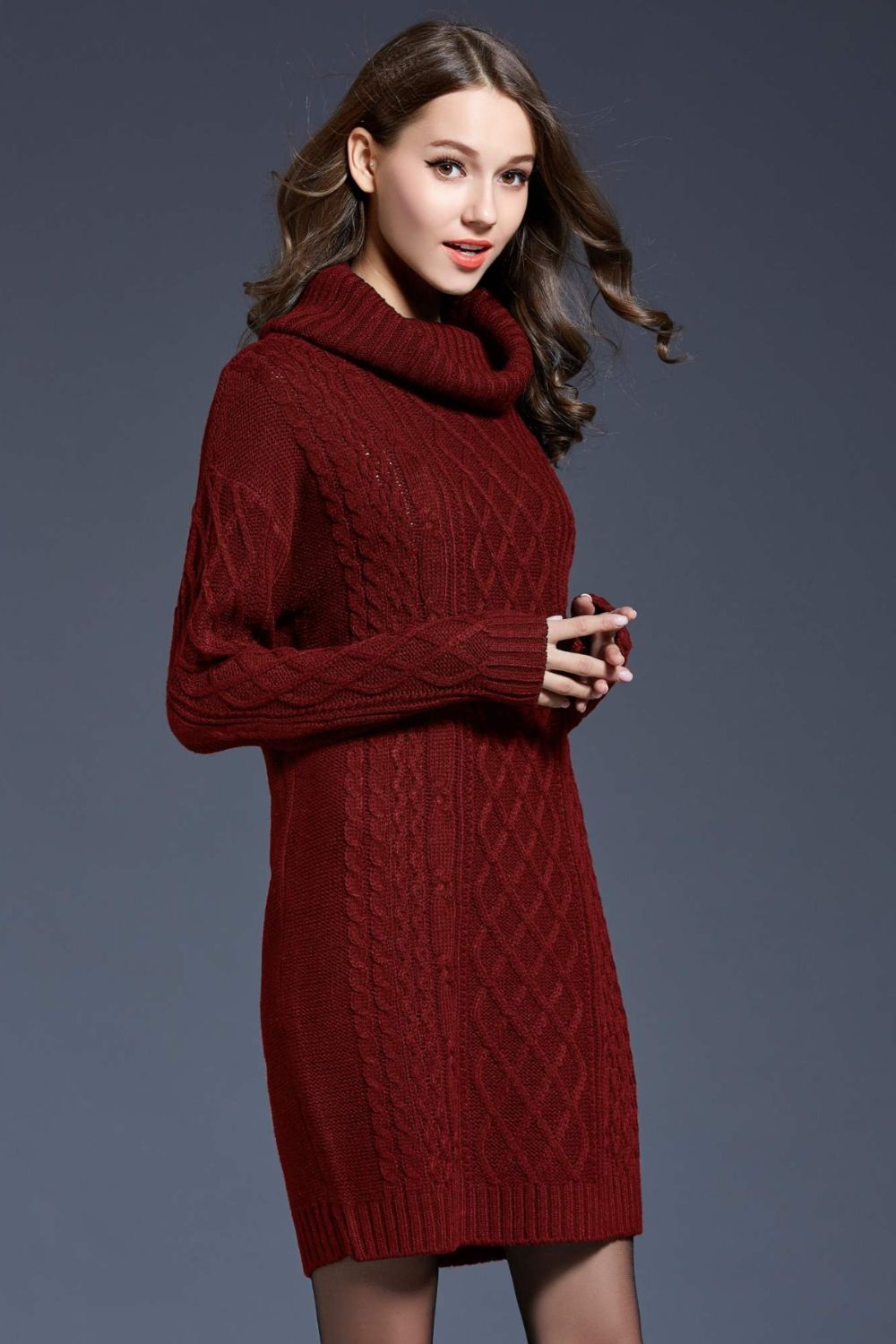 Woven Right Full Size Mixed Knit Cowl Neck Dropped Shoulder Sweater Dress Trendsi