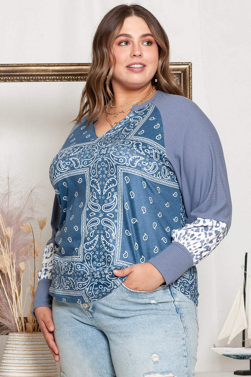 Plus Size V-Neck Printed Raglan Sleeve Blouse Trendsi