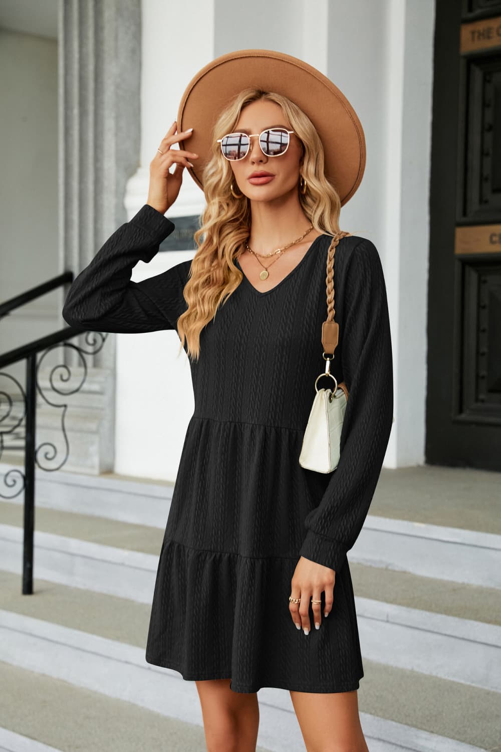 V-Neck Long Sleeve Mini Dress Trendsi