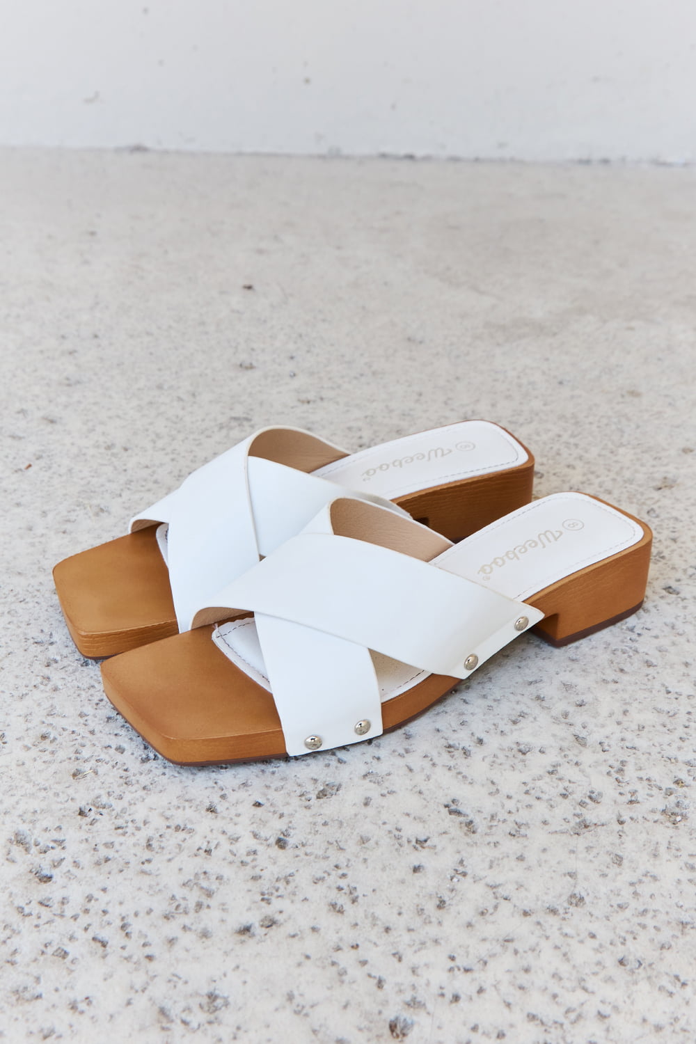 Weeboo Step Into Summer Criss Cross Wooden Clog Mule in White Trendsi