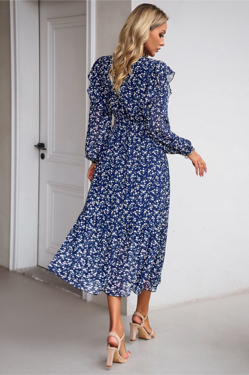 Surplice Neck Balloon Sleeve Midi Dress Trendsi