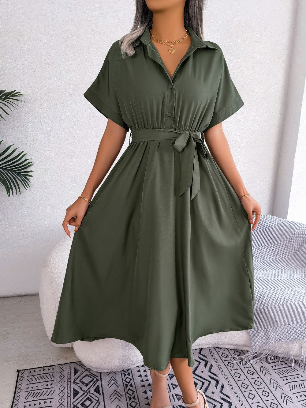 Short Sleeve Collared Tie Belt Dress Trendsi