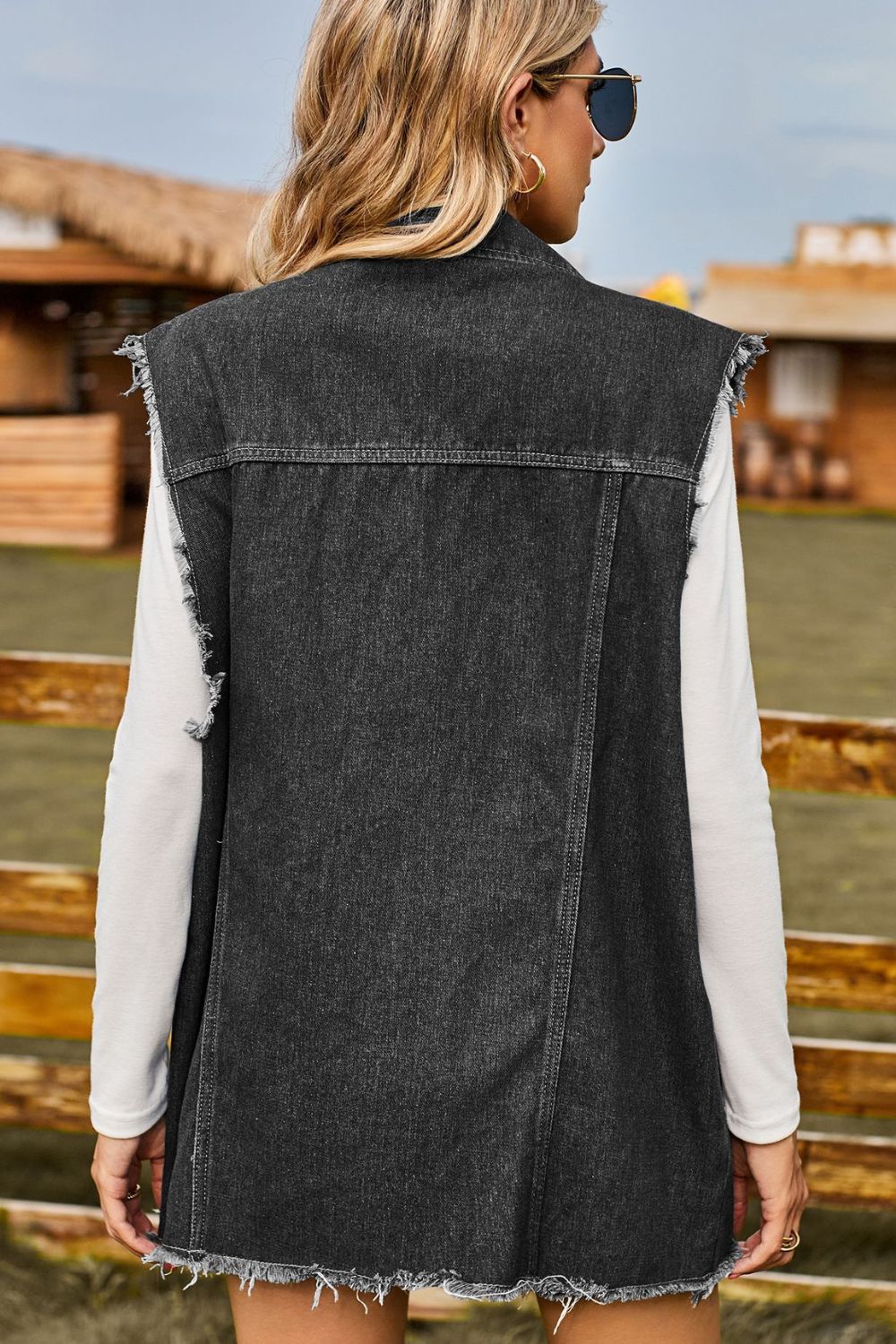 Sleeveless Button-Up Collared Denim Top with Pockets Trendsi