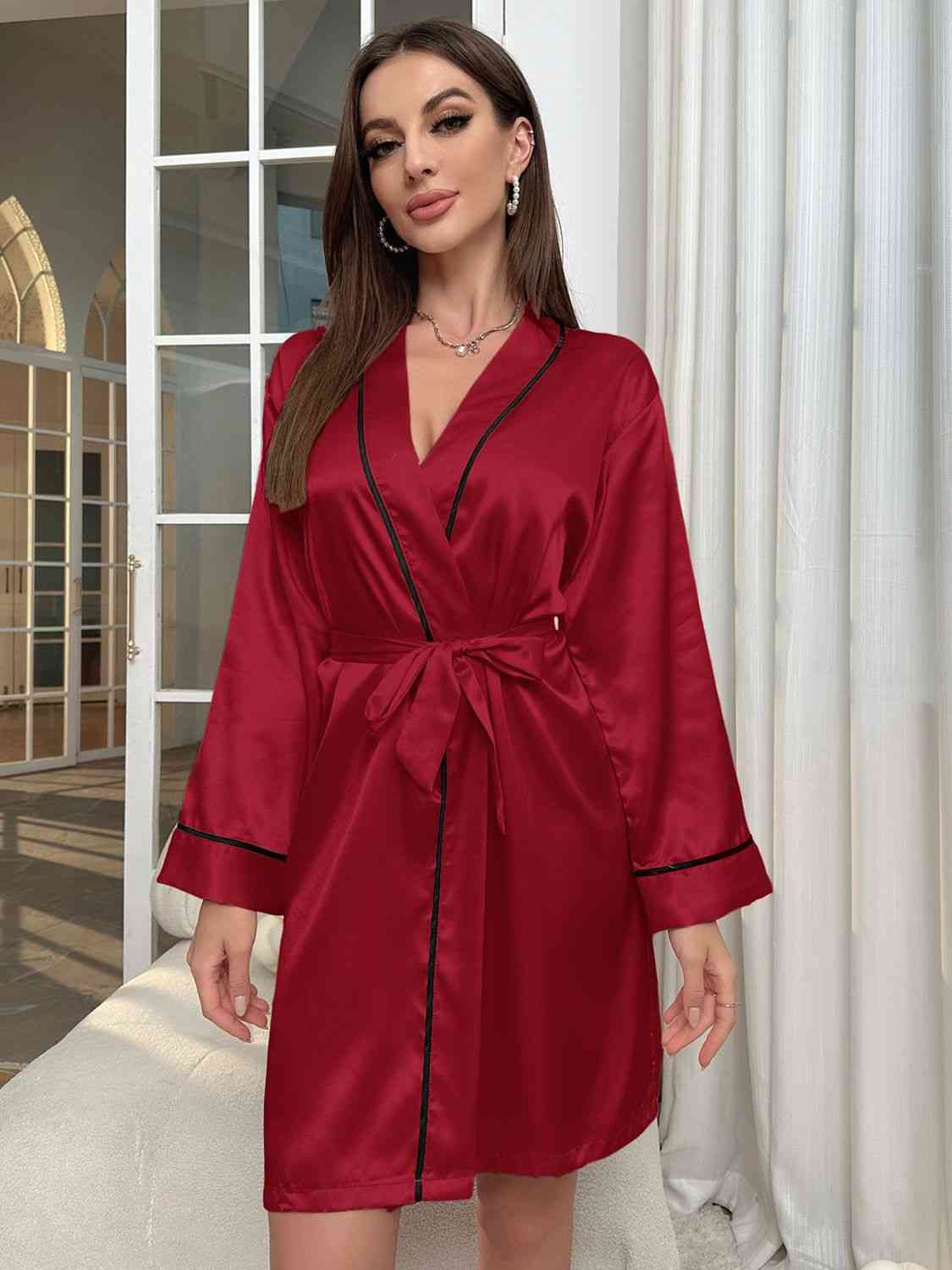 Tie Waist Surplice Neck Robe Trendsi