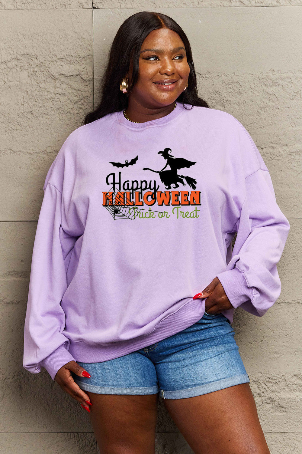 Simply Love Full Size HAPPY HALLOWEEN TRICK OR TREAT Graphic Sweatshirt Trendsi