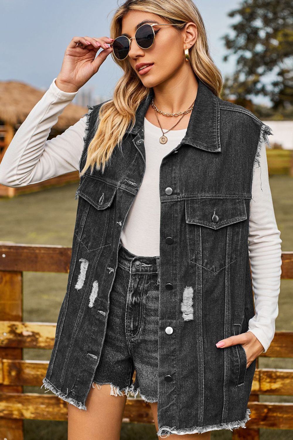 Sleeveless Button-Up Collared Denim Top with Pockets Trendsi