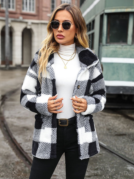 Plaid Collared Neck Button Down Jacket Trendsi