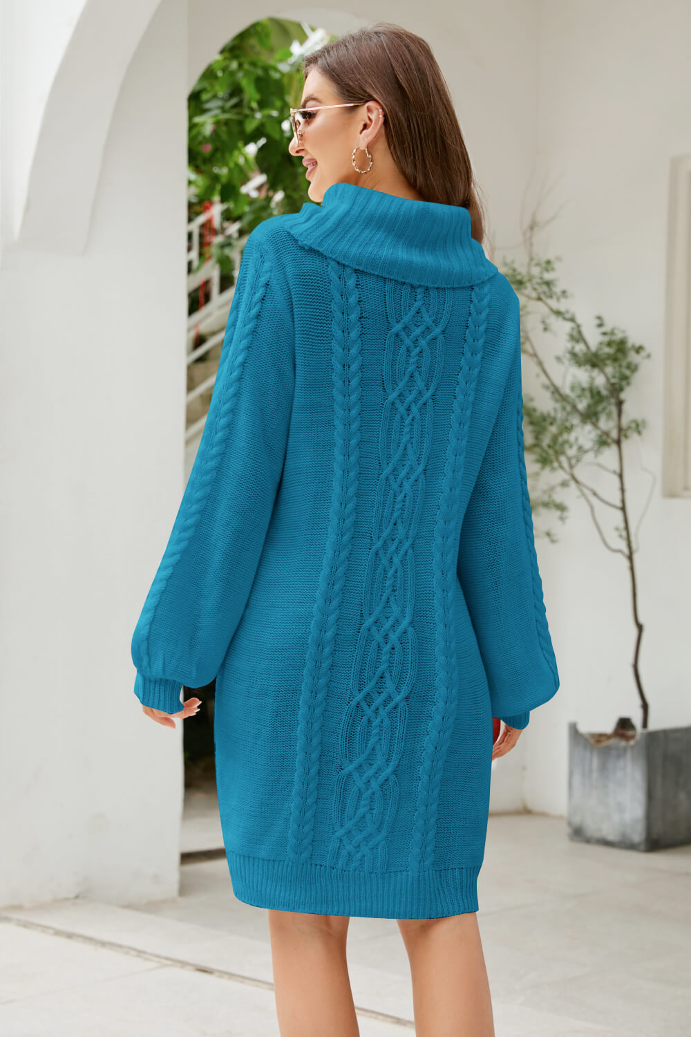 Woven Right Mixed Knit Turtleneck Lantern Sleeve Sweater Dress Trendsi