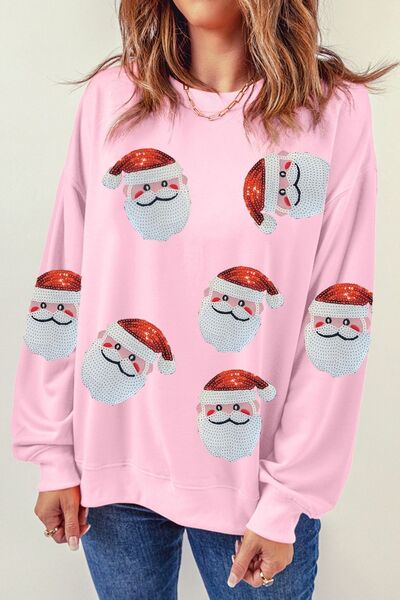 Sequin Santa Patch Round Neck Sweatshirt Trendsi