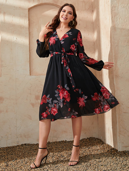 Plus Size Floral Surplice Neck Tie Waist Dress Trendsi