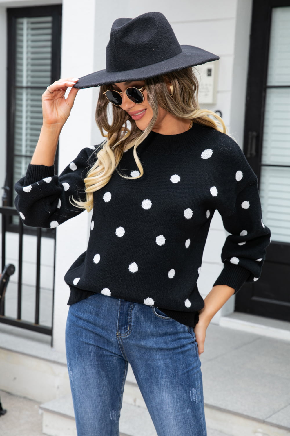 Woven Right Polka Dot Round Neck Dropped Shoulder Sweater Trendsi