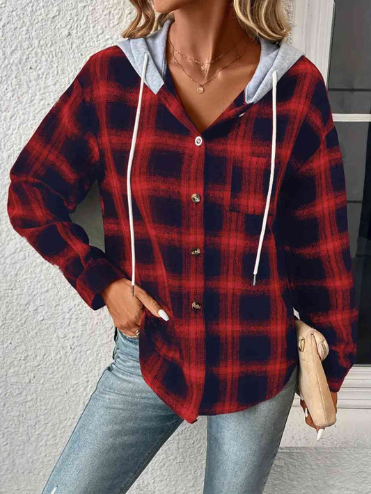 Plaid Drawstring Button Up Hooded Jacket Trendsi