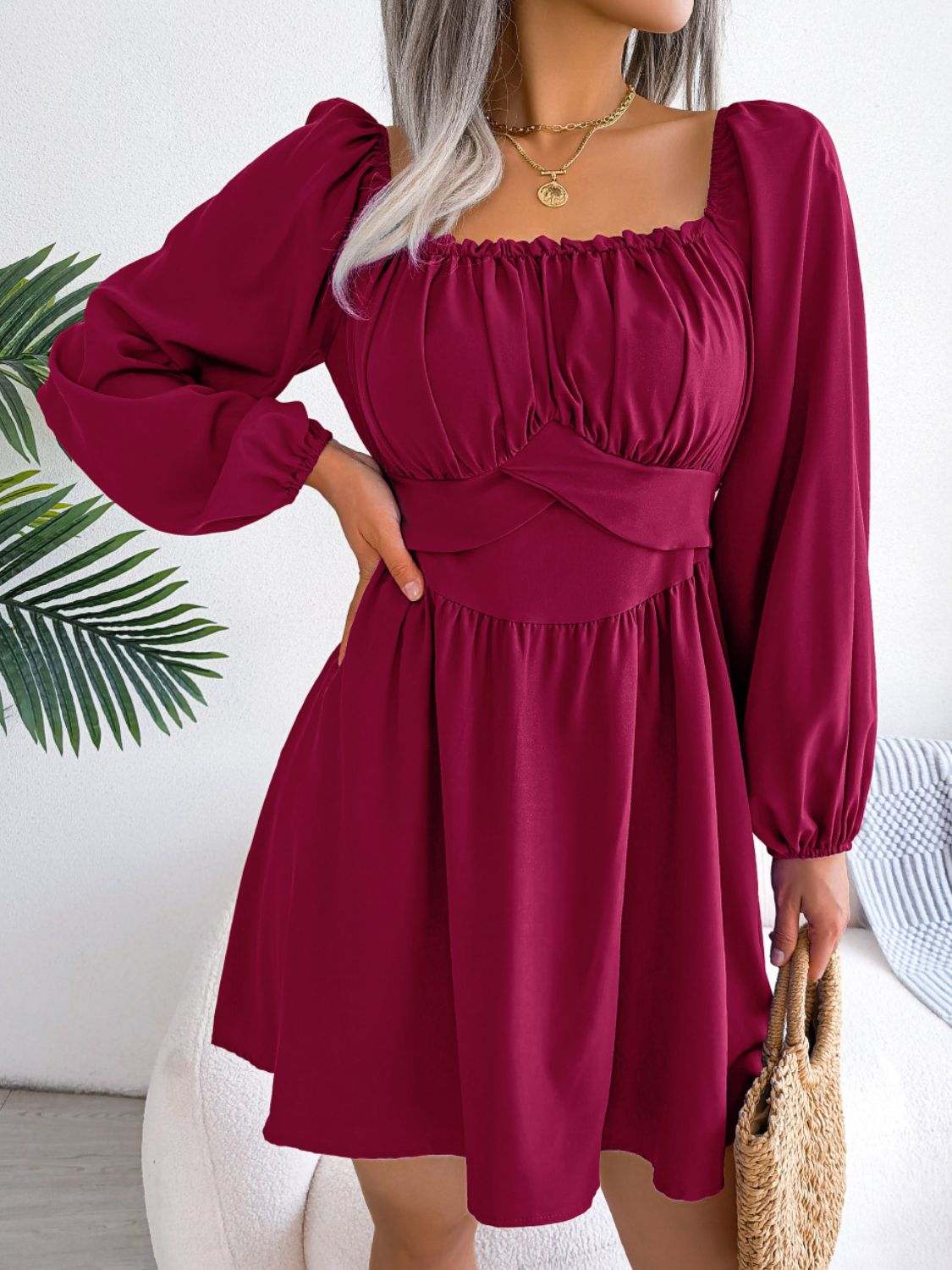 Tied Square Neck Balloon Sleeve Dress Trendsi