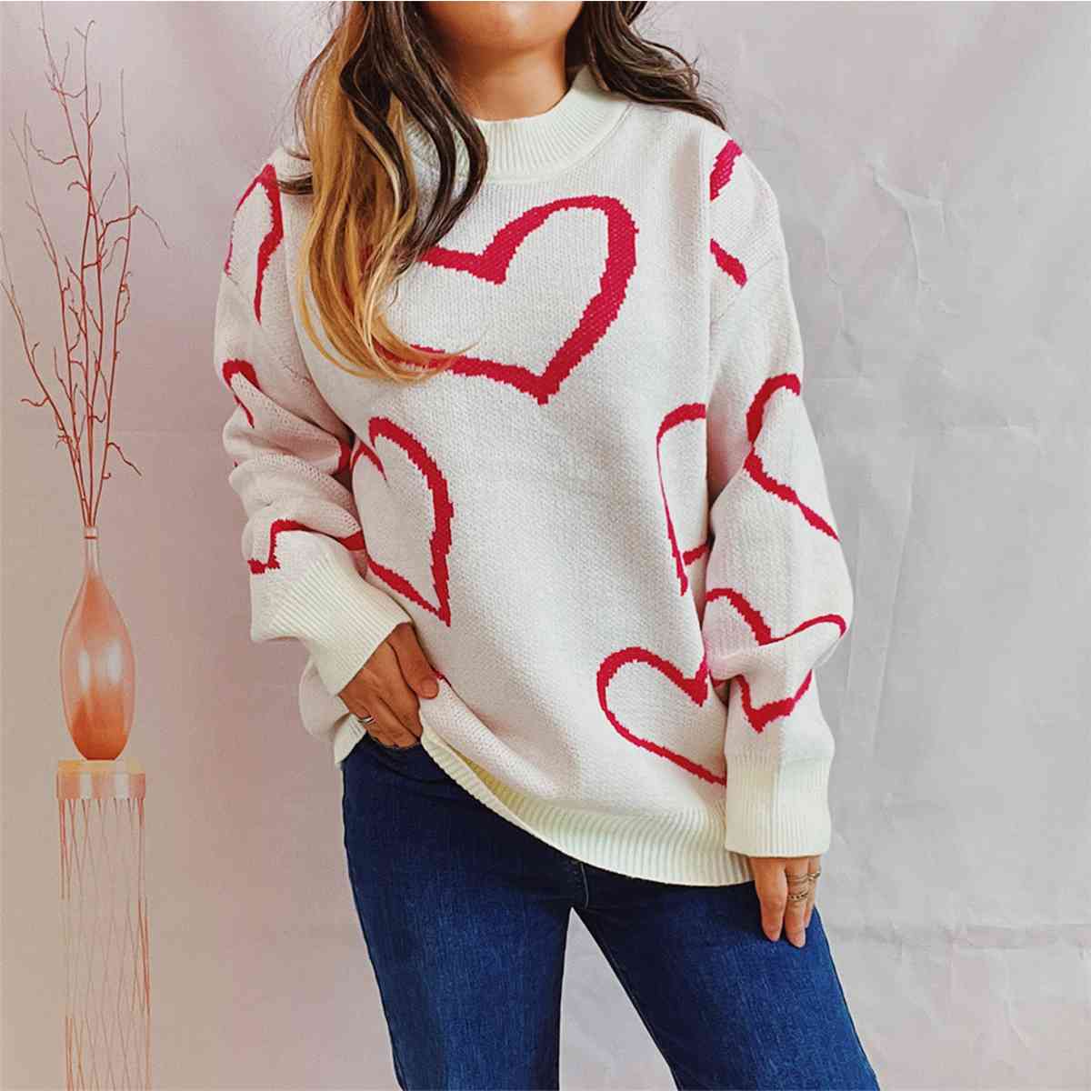 Heart Pattern Long Sleeve Sweater Trendsi