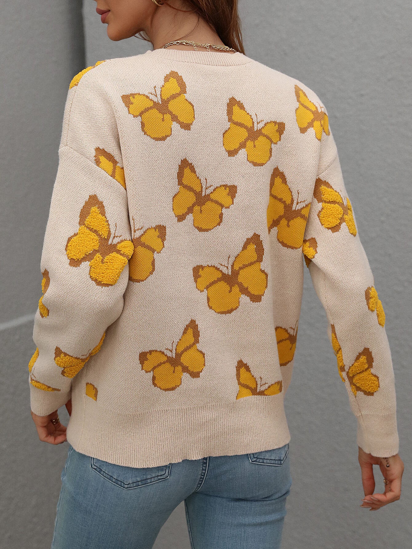 Woven Right Butterfly Dropped Shoulder Crewneck Sweater Trendsi