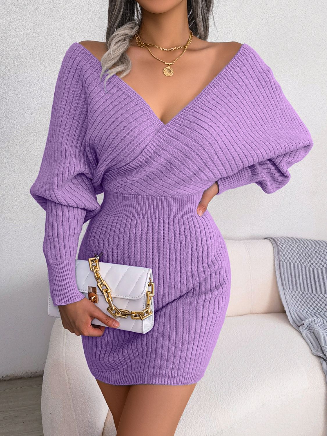Rib-Knit Dolman Sleeve Sweater Dress Trendsi
