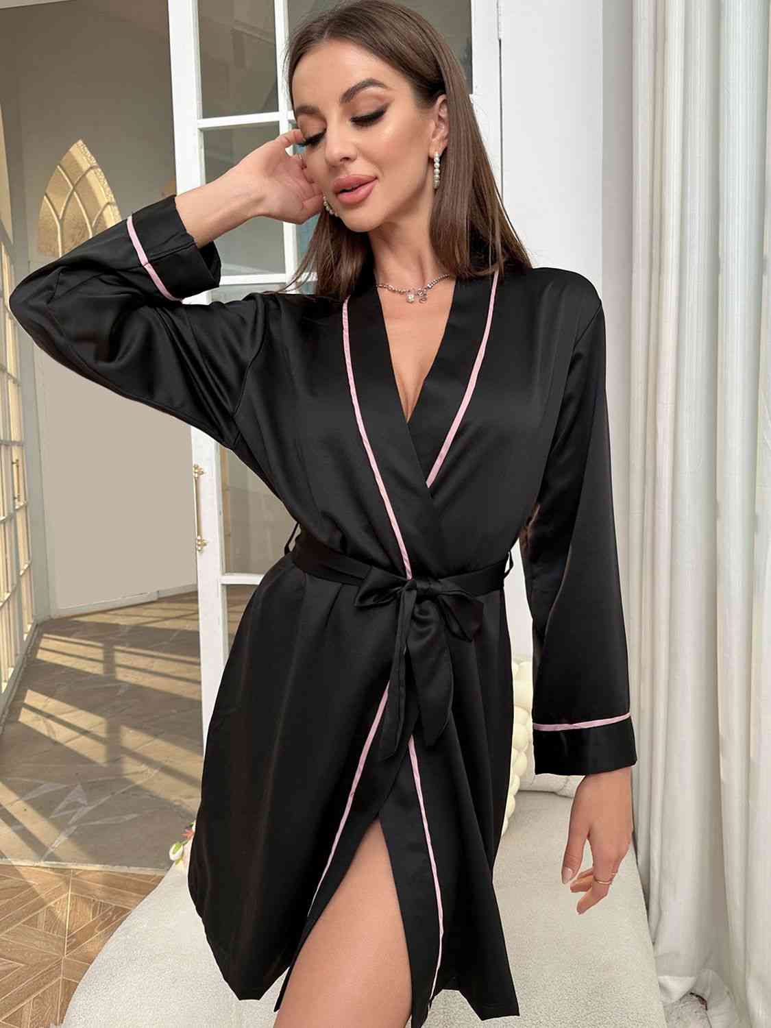 Tie Waist Surplice Neck Robe Trendsi