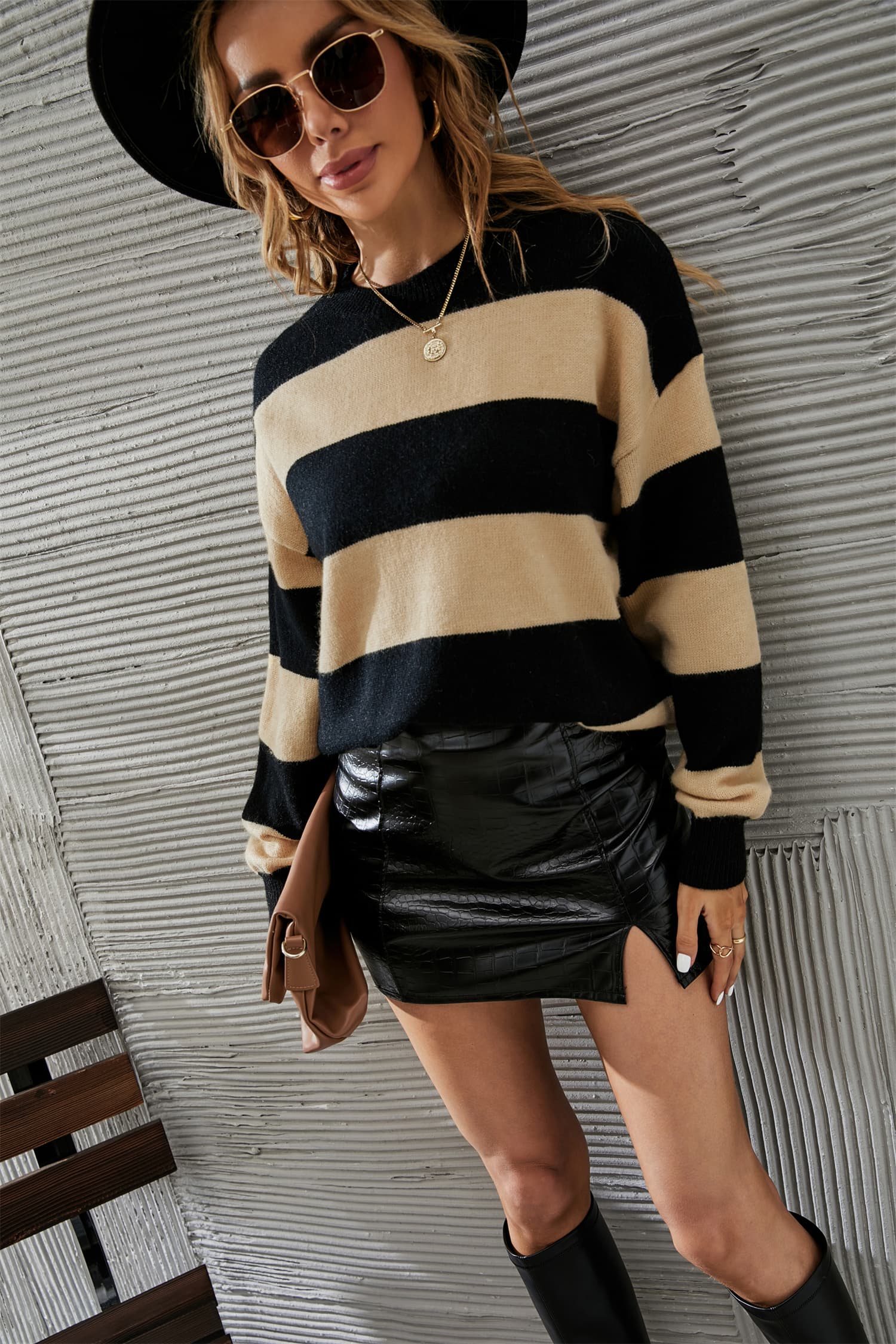 Two-Tone Round Neck Dropped Shoulder Sweater Trendsi