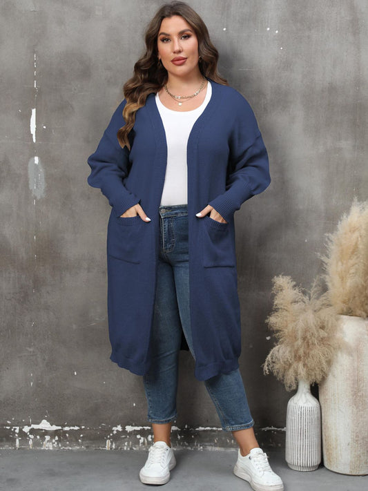 Plus Size Long Sleeve Pocketed Cardigan Trendsi