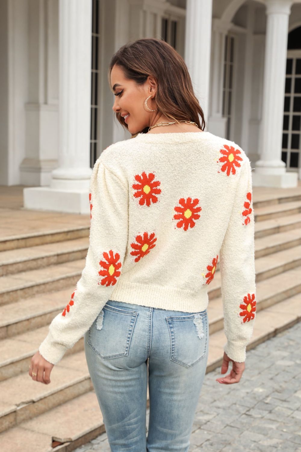 Flower Pattern Round Neck Short Sleeve Pullover Sweater Trendsi