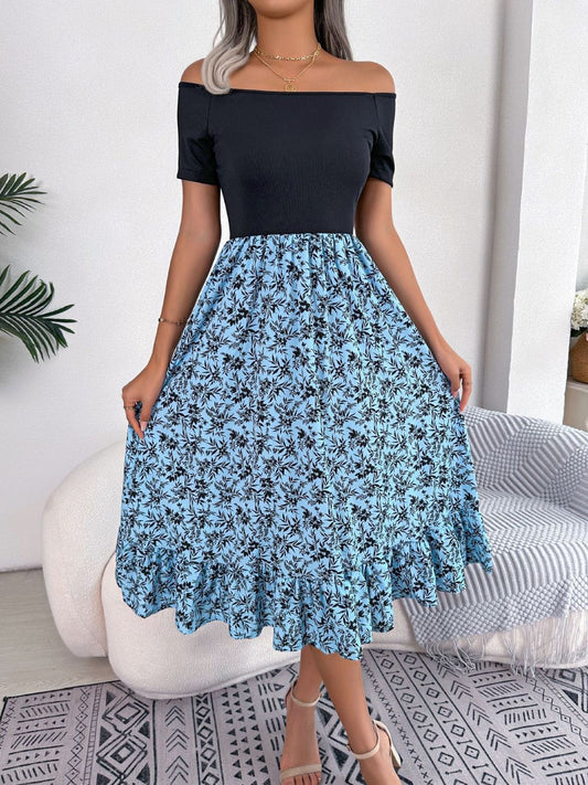 Printed Off-Shoulder Ruffle Hem Dress Trendsi