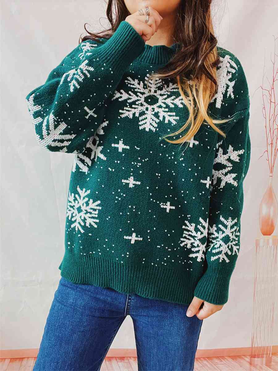 Snowflake Pattern Dropped Shoulder Sweater Trendsi
