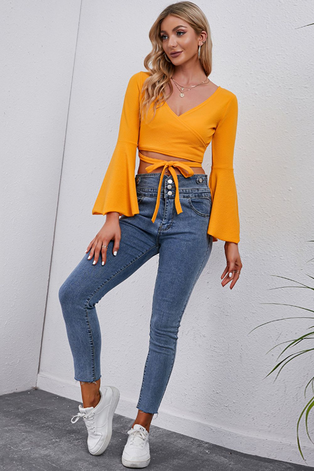 Tie Front Flare Sleeve Cropped Top Trendsi