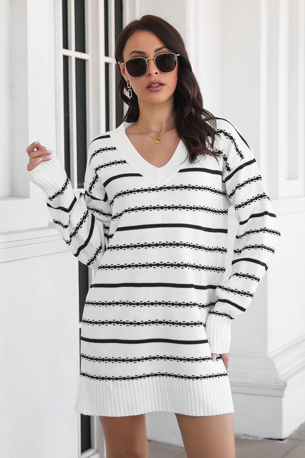 Striped V-Neck Sweater Dress Trendsi