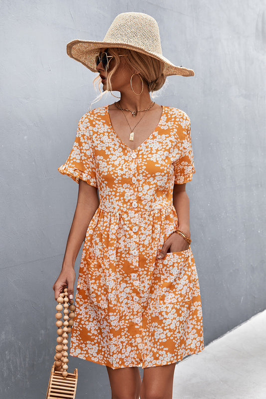 Printed Button down Pocketed Dress Trendsi
