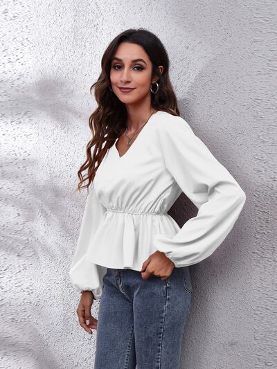 V-Neck Balloon Sleeve Peplum Blouse Trendsi