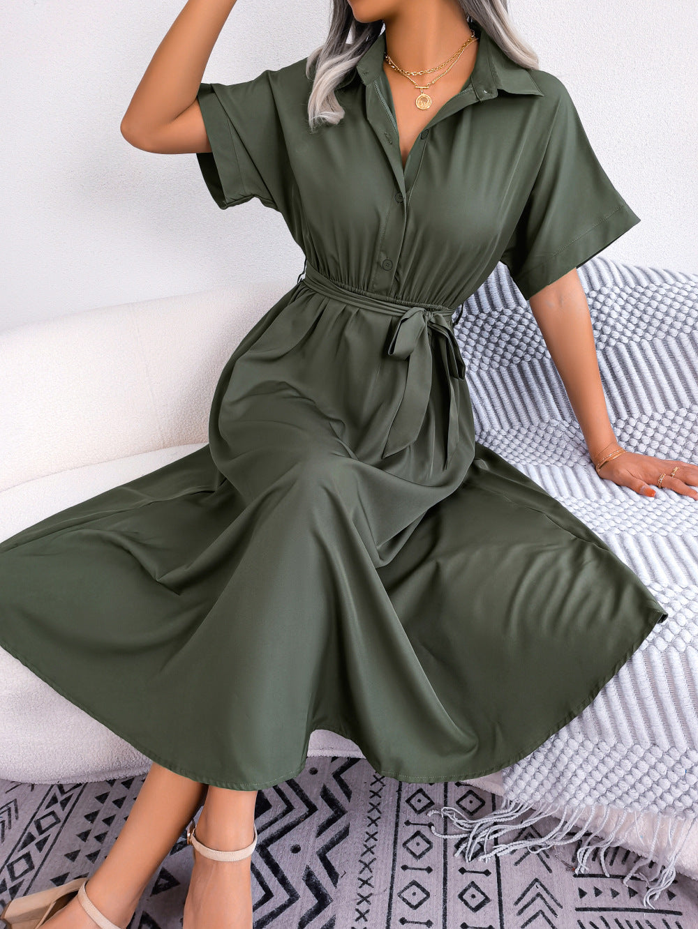 Short Sleeve Collared Tie Belt Dress Trendsi