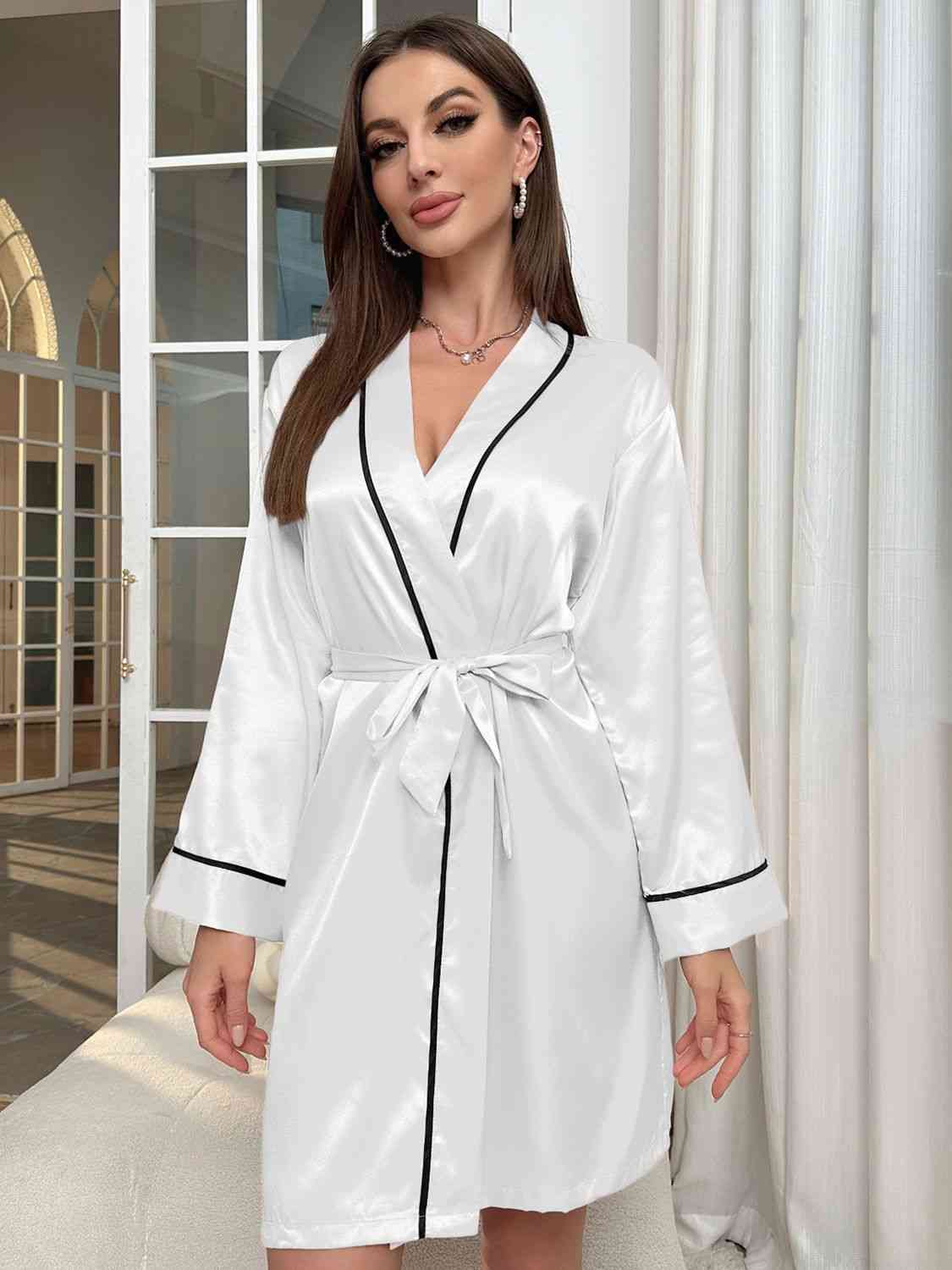 Tie Waist Surplice Neck Robe Trendsi