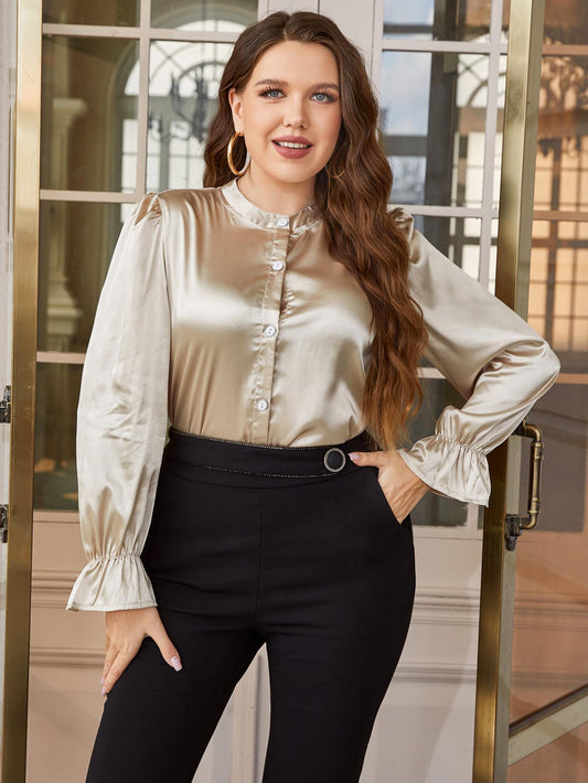 Plus Size Flounce Sleeve Band Collar Shirt Trendsi