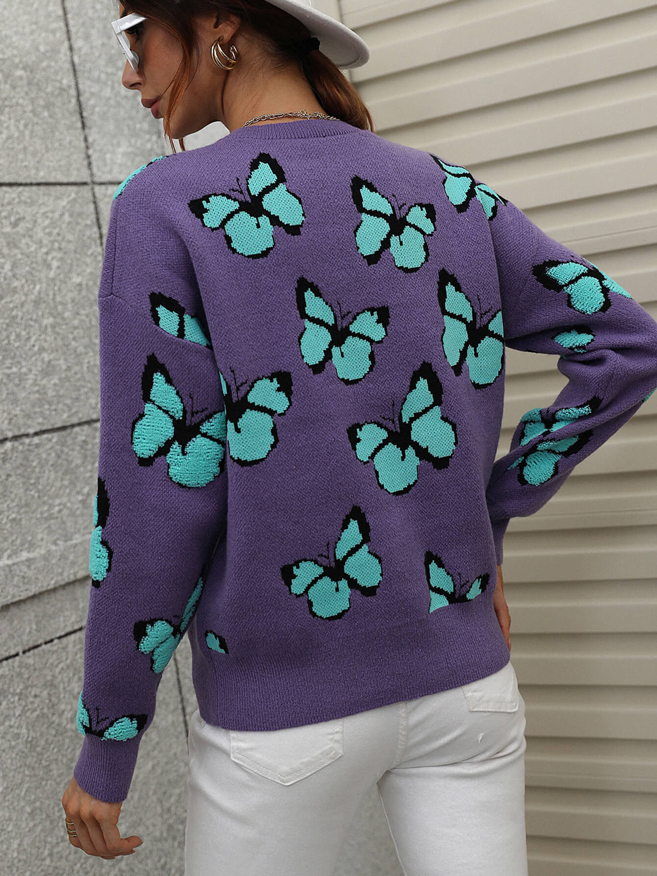 Woven Right Butterfly Dropped Shoulder Crewneck Sweater Trendsi