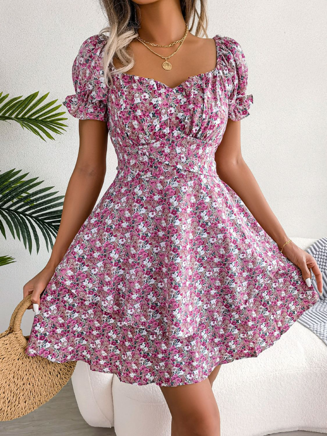 Floral Sweetheart Neck Flounce Sleeve Mini Dress Trendsi