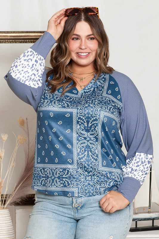 Plus Size V-Neck Printed Raglan Sleeve Blouse Trendsi